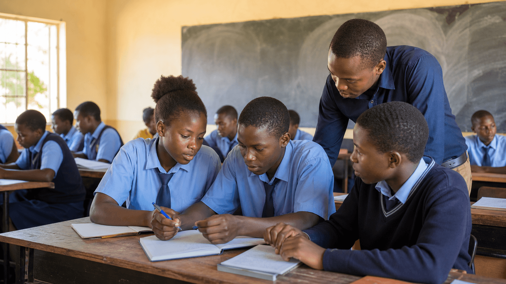 Zambian students working together in a classroom