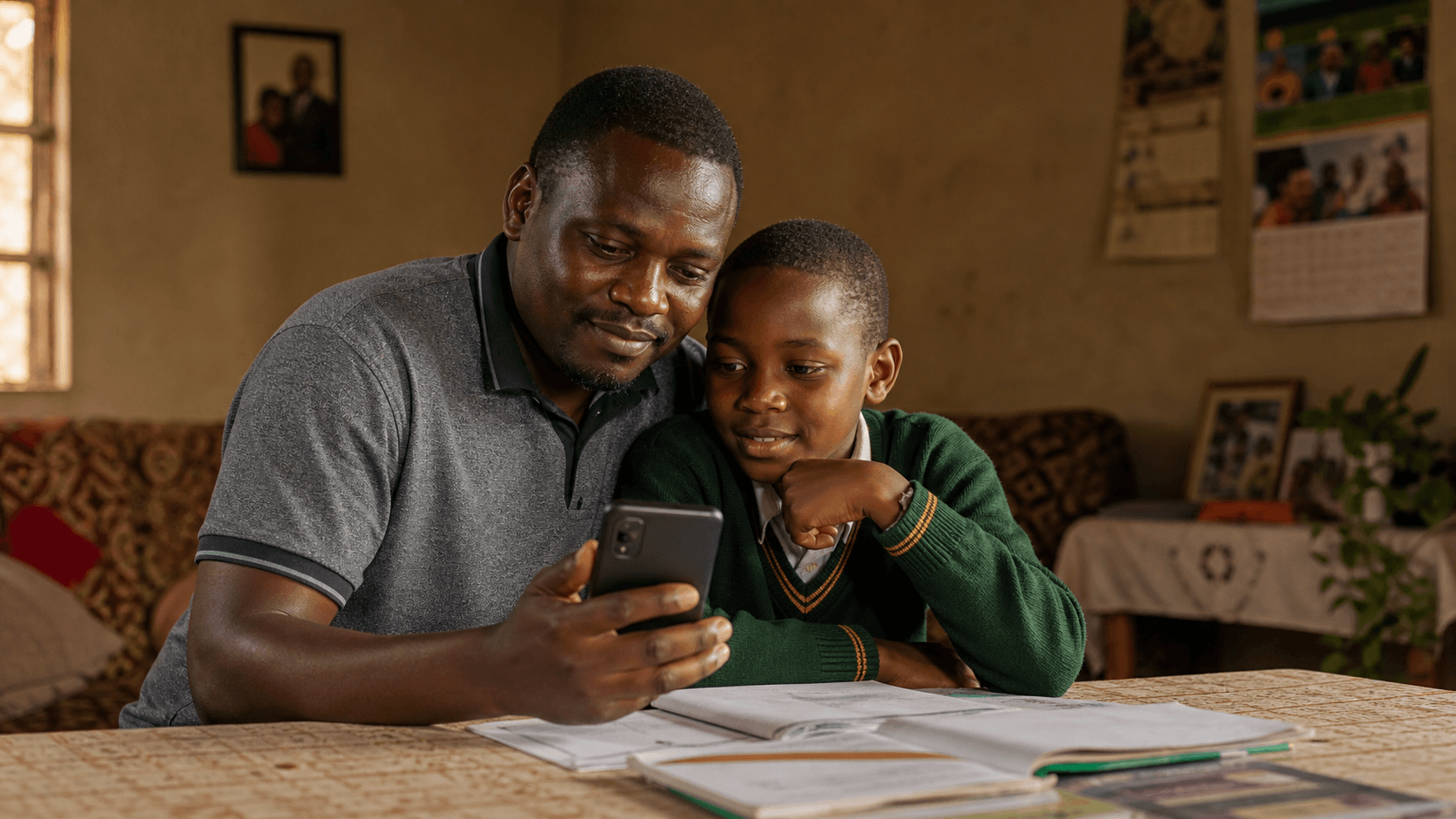 Zambian parent and child checking school progress together